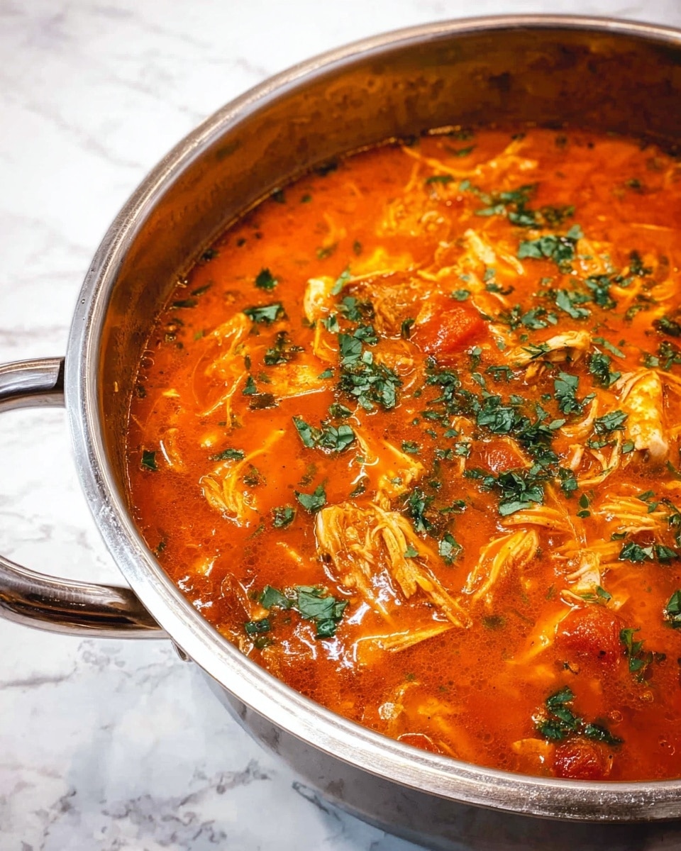 A shiny metal pot filled with thick, bright orange-red stew with visible chunks of shredded white meat and small pieces of tomatoes, all mixed in a rich sauce. Green chopped herbs are sprinkled on top, adding contrast and freshness to the dish. The pot sits on a surface with a white marbled texture. Photo taken with an iphone --ar 4:5 --v 7