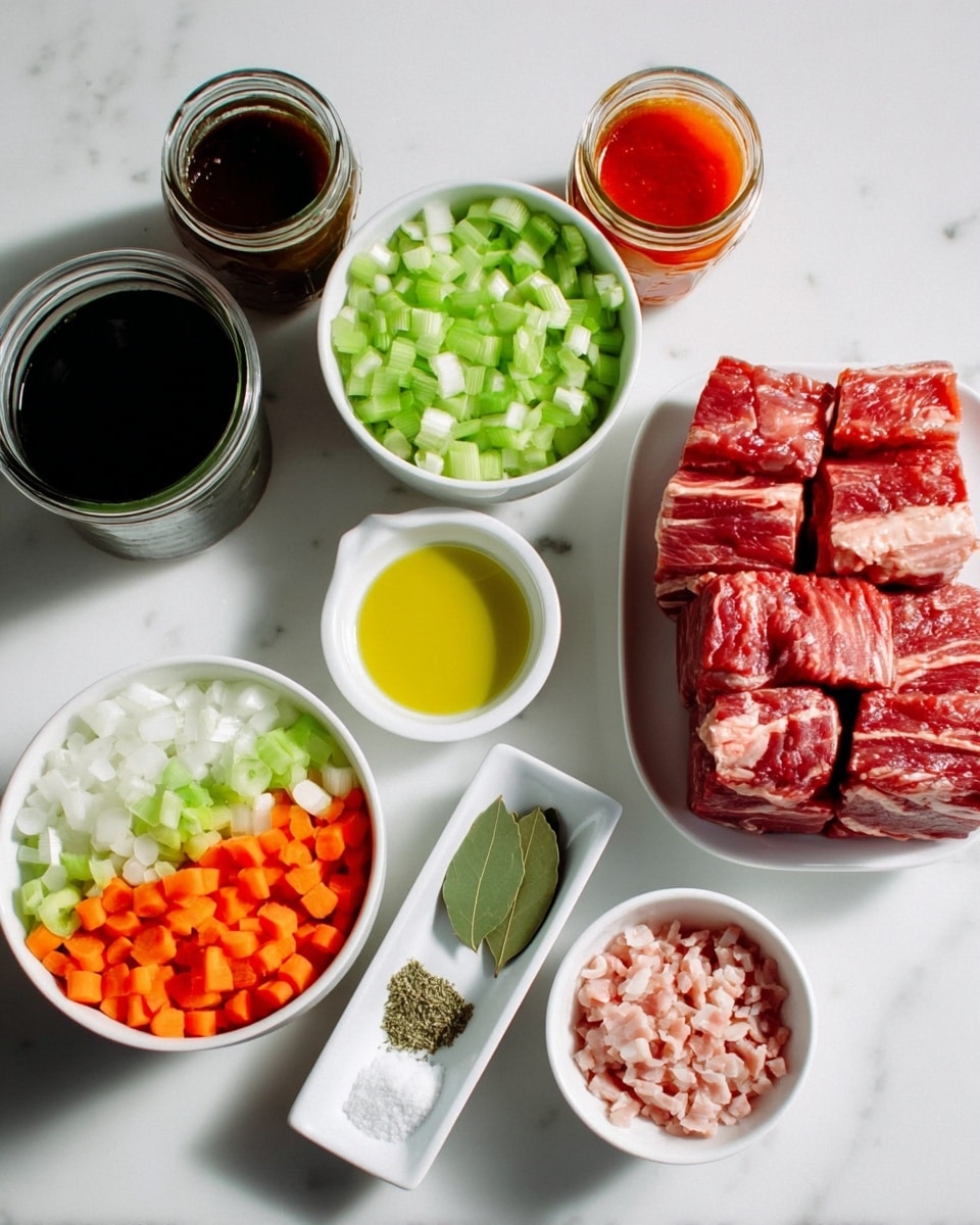 The image shows several white bowls and jars arranged on a white marbled surface, each holding different ingredients. One white bowl contains chopped vegetables with three layers: bright orange carrots on the bottom, white onions in the middle, and light green celery on top. Another white bowl holds several raw, thick, red pieces of meat with visible marbling, stacked loosely. A small white dish next to it has two green bay leaves. Near the center, a small white bowl holds bright yellow olive oil, and a divided white dish contains white salt on one side and dried green herbs on the other. Two glass jars filled with dark liquid and red sauce sit in the background. A small white bowl holds finely chopped pale pink bacon pieces. The photo taken with an iphone --ar 4:5 --v 7