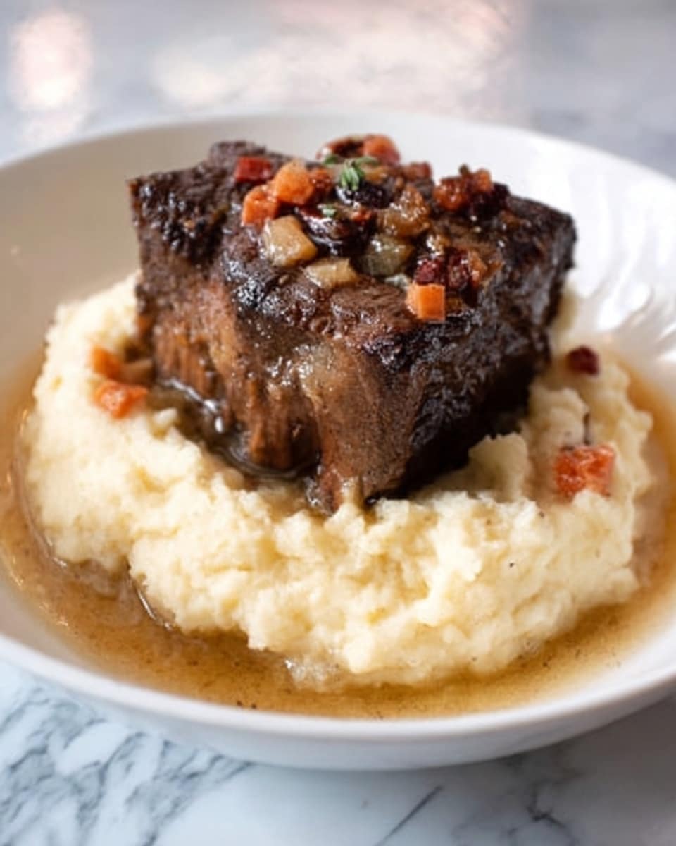 The image shows a white plate with a thick layer of creamy mashed potatoes spread evenly on the bottom. On top of the mashed potatoes, there is a large piece of dark brown cooked meat with a slightly shiny surface, showing bits of small diced carrots and herbs on and around the meat. The meat looks tender and juicy, resting firmly in the center of the mashed potatoes. The plate is placed on a white marbled surface, and the overall picture has warm lighting. Photo taken with an iphone --ar 4:5 --v 7