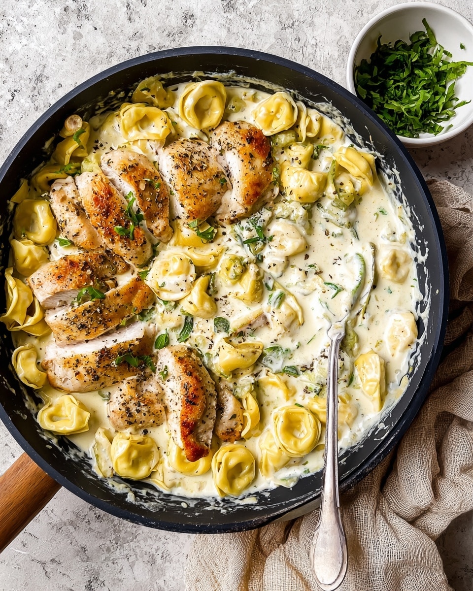 The image shows several clear glass bowls and a measuring cup placed on a white marbled surface, each holding different ingredients. At the top left is a large bowl filled with yellow tortellini pasta, beside a jar of red marinara sauce. Next to that, a large bowl is full of chopped dark green leafy vegetables. Moving clockwise, there is a measuring cup with light brown broth, a bowl of chopped white onions, and a small bowl with minced garlic. Below them are a smaller bowl of diced raw pork pieces, a bowl with white shredded mozzarella cheese, and two tiny bowls containing red spice and white salt. In the center are two small bowls, one with grated pale yellow cheese and one with a small amount of clear cooking oil. All elements are organized neatly with bright natural light. Photo taken with an iphone --ar 4:5 --v 7