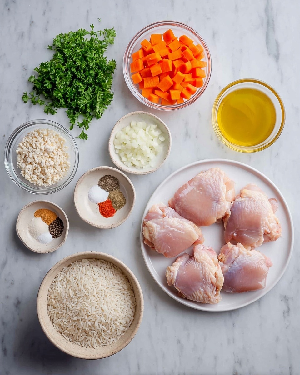 The image shows a flat lay of raw cooking ingredients arranged neatly on a white marbled surface. In the center right, a white plate holds five raw pink chicken thighs with smooth, slightly wet texture. Above and to the right, a clear glass bowl contains small diced bright orange carrots. Next to the carrots, fresh green parsley lies flat with leafy texture. Above the parsley, a small clear bowl holds a golden yellow liquid, likely oil. Near the center top, a white dish is filled with various dry spices in separated small piles, showing colors of red, white, black, and beige. To the left of the spice plate, a small beige bowl contains minced garlic with a rough texture. Above the garlic, a clear glass bowl holds small white diced onions. At the bottom left, a beige bowl filled with uncooked white rice grains is placed beside a glass measuring cup full of light brown broth or stock. The whole setup is evenly lit, giving a clean and fresh feeling. Photo taken with an iphone --ar 4:5 --v 7