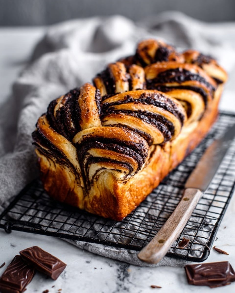 A golden-brown braided pastry filled with thick, dark chocolate swirls fills a shiny metal loaf pan. The pastry shows multiple visible layers, with each twist revealing the rich, glossy chocolate contrasting against the soft, light dough. The chocolate appears melted and thick, generously spread between the fluffy bread layers, creating a textured, inviting look. The loaf pan sits on a pale blue cloth background, with the focus on the bread’s shiny, slightly crisp outer crust and the gooey chocolate folds. photo taken with an iphone --ar 4:5 --v 7