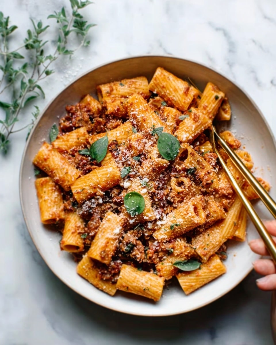 A white bowl filled with short tubular pasta covered in a chunky tomato sauce with pieces of mushrooms and herbs mixed in. The pasta is topped with a light sprinkle of grated cheese that adds a slightly crumbly texture. A metal fork rests inside the bowl on the left side. The bowl is placed on a white marbled surface with a white cloth napkin to the side. photo taken with an iphone --ar 4:5 --v 7