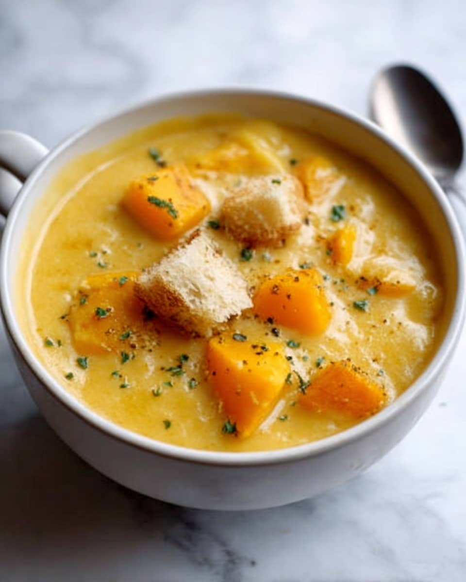 A white bowl filled with smooth orange soup, topped with crispy brown fried onions and a small green rosemary sprig in the center, sitting on a blue and white striped cloth on a white marbled surface with a blurred yellow and green cloth in the background. Photo taken with an iphone --ar 4:5 --v 7