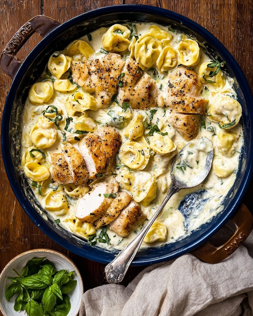 A black skillet is filled with a creamy white sauce covering a layer of yellow tortellini pasta, which has a soft and smooth texture. On top, there are four pieces of light golden-brown cooked chicken, seasoned with black pepper and small green herb leaves scattered around. A silver spoon is resting inside the skillet partly dipped in the sauce and pasta. Next to the skillet, there is a small white bowl containing fresh chopped green herbs, and a beige cloth is draped beside the pan. The whole scene is set on a white marbled textured surface. Photo taken with an iphone --ar 4:5 --v 7