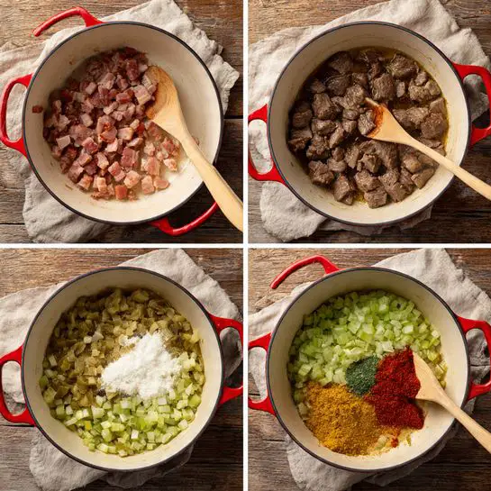 Dutch Oven or Slow Cooker Guinness Beef Stew Recipe 4 Four images show steps of cooking in a large white pot with red handles, placed on a wooden surface with a beige cloth beside it. The first image shows small cubes of cooked bacon with a wooden spoon resting in the pot. The second image shows browned beef pieces cooking in the pot with some oil and brown bits on the surface. The third image has chopped celery and onions added on top of the browned bits, with the wooden spoon stirring them. The final image shows the cooked celery and onions with three added ingredients on top: a white powder, red paste, and minced yellow garlic, with the spoon resting nearby. Photo taken with an iphone --ar 4:5 --v 7