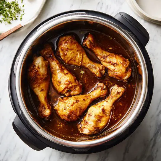 Inside a round slow cooker with a shiny metal rim, seven chicken drumsticks are cooking in a thick, dark brown sauce. The drumsticks are a warm golden-brown color with slightly darker spots, showing they are cooked well and juicy. The sauce covers the bottom of the cooker, and the drumsticks rest in it, sitting close together but not fully covered. The slow cooker is on a white marbled surface, with some green herbs and a white plate nearby. Photo taken with an iphone --ar 4:5 --v 7
