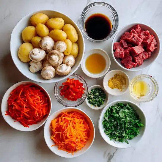 Slow-Cooked Beef Bourguignon Recipe 4 The image shows several white bowls arranged on a white marbled surface. The largest bowl contains peeled yellow potatoes, whole small onions, chopped carrots, and sliced mushrooms, all fresh and colorful. Next to it, there is a white bowl filled with raw cubed red meat. Smaller white bowls hold bright orange shredded carrots, chopped tomatoes, dark soy sauce, a light creamy ingredient, red wine, fresh green herbs, and yellow mustard. A glass bowl with a dark brown liquid is also present. Everything is neatly organized and ready for cooking, giving a fresh and vibrant impression. photo taken with an iphone --ar 4:5 --v 7