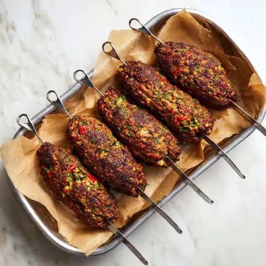 The image shows six oblong seasoned meat kebabs arranged side by side on a metal tray lined with brown parchment paper. Each kebab is skewered on a metal looped skewer, and the meat mixture looks coarse with visible herbs and spices, giving it a textured, slightly rough surface. The colors are mostly brown with green specks and small bits of red spread evenly throughout the meat. The tray sits on a white marbled surface. photo taken with an iphone --ar 4:5 --v 7