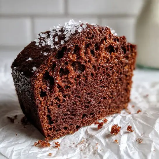 A close-up of a dark brown chocolate cake slice with a moist texture, showing tiny air holes and crumbs on the white parchment paper beneath it, set on a white marbled surface with a blurred light background featuring white subway tiles and a glass bottle. Photo taken with an iphone --ar 4:5 --v 7