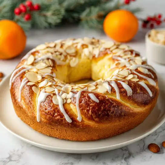 A round braided bread ring with a golden brown crust is placed on a white plate set on a white marbled surface. The bread is topped with white icing drizzled in thin lines and scattered with sliced almonds. In the background, there are some oranges and a sprig of pine with small red berries, adding a festive touch. The texture of the bread looks soft and fluffy inside with a shiny crust on the outside. photo taken with an iphone --ar 4:5 --v 7