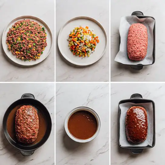 The image shows a step-by-step process of cooking a meatloaf on a white plate and in a black pan. The first step has a round white plate with mixed raw meat and chopped vegetables. The second step shows a shaped raw meatloaf on a white plate, formed into a long oval shape with a pink color. The third step places the pink raw meatloaf in a black pan lined with white paper. The fourth step shows a bowl of thick brown sauce with a smooth texture. The fifth step reveals the meatloaf inside the black pan after cooking, now dark brown and firm. The sixth step shows the fully cooked meatloaf in the black pan covered evenly with a shiny brown sauce. All images have a white marbled surface. Photo taken with an iphone --ar 4:5 --v 7