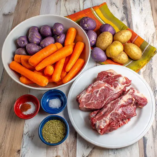 The image shows fresh ingredients arranged on a wooden surface with a white marbled texture nearby. On the left side is a white large bowl filled halfway with bright orange baby carrots on one half and small purple potatoes on the other half. On the right side, there is a white plate holding a large piece of raw red meat with white marbled fat throughout. In front of these larger dishes, there are three small bowls: a blue one with a clear liquid, a red one with salt and black pepper, and a green one with crushed green spices. A striped cloth with orange, yellow, green, and red colors is placed near the plate with the meat. photo taken with an iphone --ar 4:5 --v 7
