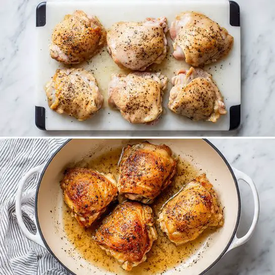 The image shows two steps of preparing chicken thighs. The top part shows six raw chicken thighs with pale pink skin sprinkled with black pepper, arranged on a clear cutting board with black edges, placed over a white marbled surface. The bottom part shows four chicken thighs cooked to a crispy golden-brown color, sitting in a white large pan with a black rim and two handles, surrounded by light brown cooking juices, also on a white marbled surface. A white and black striped cloth is partially visible on the left side of both images. Photo taken with an iphone --ar 4:5 --v 7