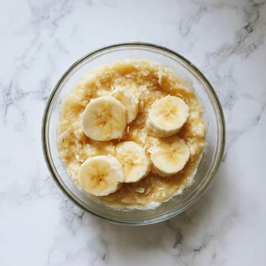 A clear glass bowl sits on a white marbled surface, holding one layer of mashed bananas. The mashed bananas are light yellow with some small lumps and soft texture. The contents fill about half of the bowl's bottom, and the bowl itself is clean around the edges. photo taken with an iphone --ar 4:5 --v 7
