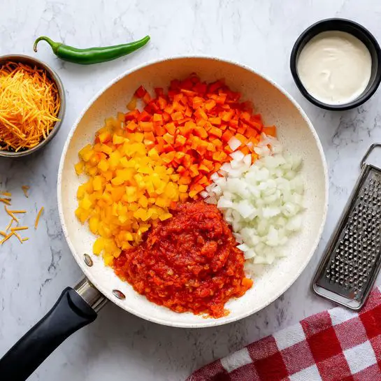 A white frying pan containing four main layers arranged separately: bright yellow chopped bell peppers on the top left, finely chopped orange carrots below the yellow peppers, diced white onions at the bottom right, and a chunky red tomato mixture with some liquid on the top right. The pan has a black handle centered at the top. Around the pan, a green chili pepper sits to the left, a small black bowl with creamy white sauce is to the right, and part of a metal grater with shredded orange cheese is visible at the bottom left corner. A red and white checkered cloth is partially seen at the bottom right. The entire scene sits on a white marbled textured surface. photo taken with an iphone --ar 4:5 --v 7
