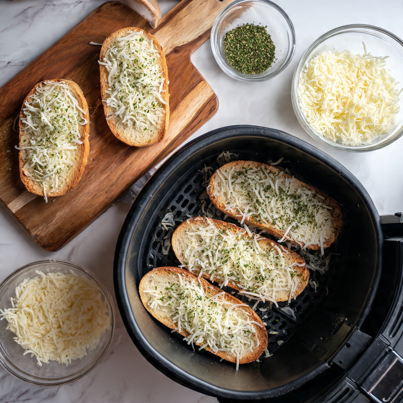 The image shows four slices of bread placed inside a black air fryer basket on a white marbled surface. Each slice has one layer of light spread, followed by a layer of shredded cheese scattered evenly on top, with a light sprinkle of green dried herbs. To the left and above the basket, there are two more slices of bread on a wooden board, also topped with cheese and herbs. A small white bowl filled with dried green herbs sits near the top center, and a clear bowl full of shredded cheese is to the right. Photo taken with an iphone --ar 4:5 --v 7