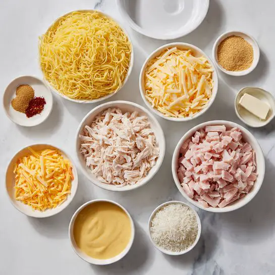 The image shows several bowls arranged neatly on a white marbled surface. In the back row, there is a white bowl filled with cooked yellow noodles, three small white bowls containing salt, chili powder, and butter, and an empty white plate. In the middle row, from left to right, there is a white bowl with shredded cheese, another white bowl holding diced ham, and a larger white bowl with shredded cooked chicken. In the front row, there are three small white bowls filled with honey, mustard, and another light yellow sauce, along with a small white bowl containing uncooked rice. The colors range from yellow and pink to beige and white, offering a clean and organized view of the ingredients. Photo taken with an iphone --ar 4:5 --v 7
