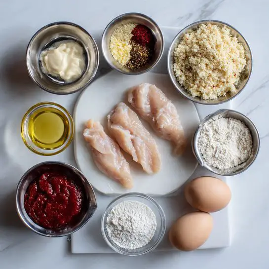 The image shows raw chicken strips placed side by side on a white cutting board at the top right. Below and to the left, there is a silver bowl filled with light beige panko crumbs. Next to it, two whole eggs and a clear measuring cup with a small amount of liquid sit side by side on a white marbled surface. Above the eggs, a small silver bowl contains a mixture of red, yellow, and white spices divided into sections. To the left of that, another small silver bowl holds a light creamy sauce, while above that is a small silver bowl with chopped garlic and oil. In the bottom left corner, a clear glass measuring cup is filled with a light yellow oil, and above it is another silver bowl filled with white flour. In the center bottom, there is a small glass bowl with a thick red sauce. The background is white marbled texture. photo taken with an iphone --ar 4:5 --v 7