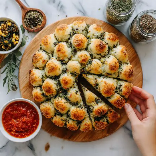 The image shows a wooden board on a white marbled surface with a triangle-shaped pull-apart bread at the center. The bread is golden brown on top, with a soft texture visible between the round, closely packed bread balls. Inside the bread, green bits suggest it is filled with herbs or spinach mixed with cheese, giving it a creamy look. To the left on the board, there is a small white bowl with a dark green and yellow mixture, which looks chunky and coarse. To the right, a larger white bowl is filled with bright red tomato sauce that has a chunky texture. Two glass jars with green lids containing dried herbs and spices are placed behind the bowls. A woman's hand is holding the wooden board from the bottom left corner. photo taken with an iphone --ar 4:5 --v 7