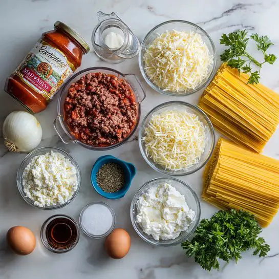 The image shows ingredients for a lasagna recipe arranged on a white marbled surface. There are long, yellow lasagna noodles stacked on the right side. Next to the noodles, a clear glass bowl is filled with shredded white cheese. Below it is another clear bowl with white ricotta cheese, and nearby is a white bowl of cottage cheese. A glass measuring cup holds a white creamy cheese mixture. A jar of red Classico organic tomato sauce with herbs and spices lies on its side near the center. Above it, a half of a peeled white onion and a garlic clove are visible. To the left, a clear glass bowl holds ground meat, and there are small bowls with various seasonings—black pepper in a red bowl, dried herbs in a green one, salt in two blue bowls, and a dark liquid in a small clear cup. Fresh green parsley and one brown egg complete the arrangement. Photo taken with an iphone --ar 4:5 --v 7