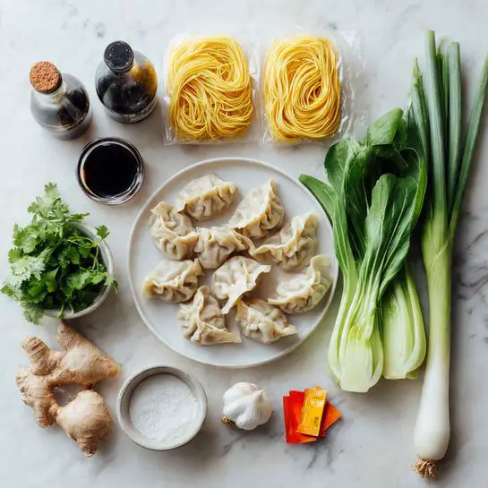 The image shows ingredients arranged on a white marbled surface. In the center, there is a white plate filled with uncooked dumplings that are light beige with folds and creases. Above the plate, there are two sealed packs of yellow noodles with a slightly curly texture. To the right of the noodles, there are two long, green spring onions with white roots at the bottom, next to two fresh bok choy bunches with green leaves and white stalks. On the left side, there are two dark bottles, one soy sauce and one sesame oil, standing next to a small bowl filled with bright green cilantro leaves. Below this, there is fresh ginger root, three garlic cloves, and a red chili pepper. A small container with white granulated sugar and two orange seasoning packets complete the layout. Photo taken with an iphone --ar 4:5 --v 7