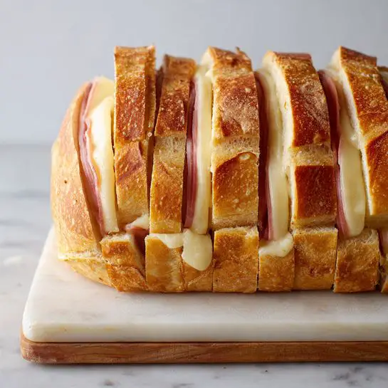 A loaf of sliced bread layered with melted yellow cheese and slices of cooked meat is shown on a white rectangular plate. The bread top is golden brown and sprinkled with bits of green herbs and some caramelized onions. To the top left of the bread is a small glass bowl filled with dark brown dipping sauce. To the right of the plate is a bunch of fresh green parsley. The plate is set on a white marbled surface with a woven mat and a striped cloth partially visible underneath. photo taken with an iphone --ar 4:5 --v 7