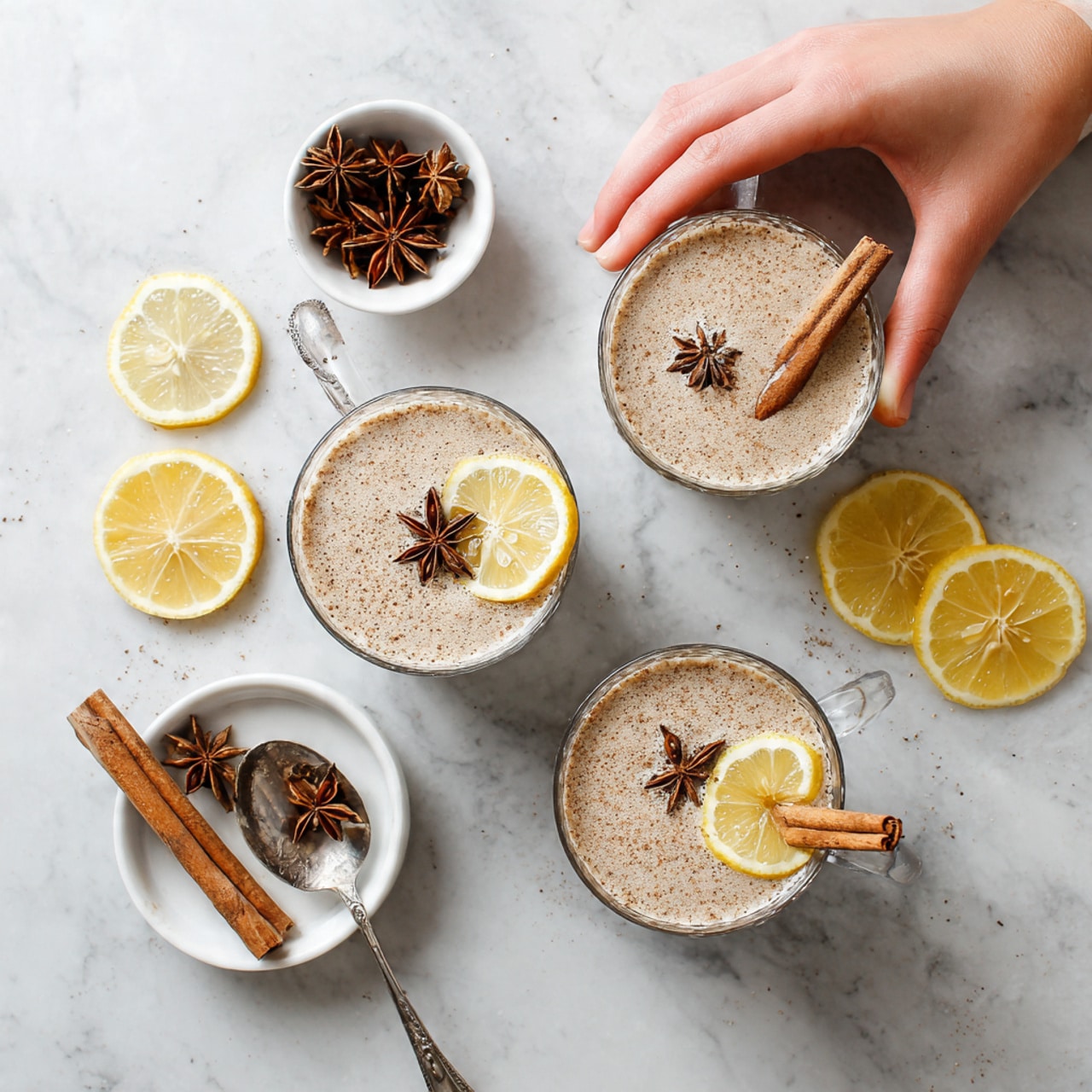The image shows a white marbled surface with three clear glass cups filled with foamy, light brown drinks. Each drink has a thin layer of foam on top with a light dusting or small spice decoration in the center. One cup has a cinnamon stick resting inside, while another shows two lemon wedges floating on top. Nearby are white bowls, one filled with star anise and another with cinnamon sticks, along with a small silver spoon. A woman's hand is holding a cinnamon stick near one of the cups. photo taken with an iphone --ar 4:5 --v 7