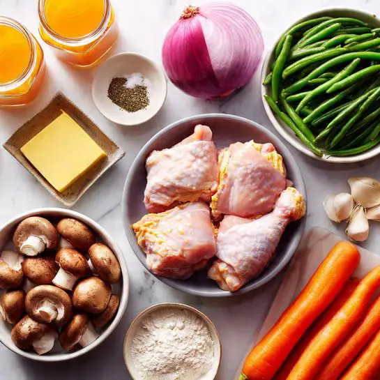 The image shows raw chicken thighs in a gray bowl placed in the center on a white marbled surface, surrounded by ingredients including two bright orange carrots on the right, a bowl of frozen green beans above them, and a white bowl filled with brown mushrooms below. To the left of the chicken, there is a red onion next to a small square piece of yellow butter. Above the butter, there are bowls containing flour and a yellow powder, two garlic cloves, and a small dish of salt and black pepper. At the top left corner, there are two glass jars with orange and yellow contents. The setup is clean and bright with a natural light source. photo taken with an iphone --ar 4:5 --v 7