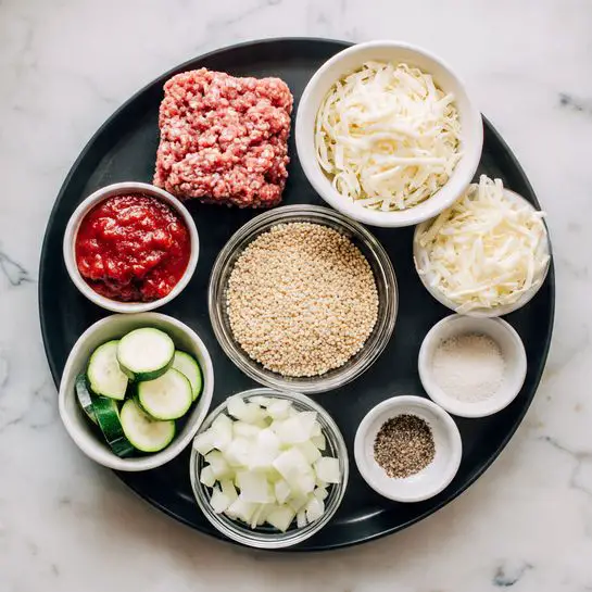 Meaty Zucchini Casserole With Ground Beef Recipe 4 The image shows a black tray on a white marbled surface holding several bowls with ingredients. In the top left is a black plate with a thick, square-shaped raw minced meat with pink and white texture. To the right, a white bowl is full of shredded white cheese with a soft texture. Below it is a small white bowl with grated pale yellow cheese. On the bottom right is another small white bowl of white creamy cheese texture, next to a white bowl with salt and pepper ground mix. In the center, a clear glass bowl contains cooked light brown quinoa grains. Below that is a white bowl with diced white onions, and to the left is a small white bowl with red tomato sauce and spices. A white bowl with sliced green zucchini rounds is on the far bottom left. A small white bowl with a clear liquid is near the top of the tray. photo taken with an iphone --ar 4:5 --v 7