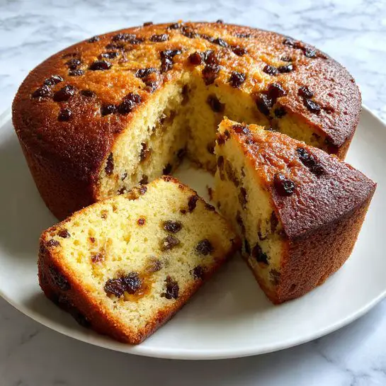 The image shows a tall round cake with a golden brown crust filled with many small dark raisins inside. One thick slice is cut and placed leaning against the main cake, revealing a soft, light yellow inside full of raisins. The cake sits on a plain white plate on a white marbled surface. Photo taken with an iphone --ar 4:5 --v 7