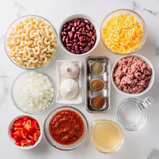 The image shows ingredients arranged on a white marbled surface, each in white or clear glass bowls. There is one large bowl filled with uncooked elbow macaroni at the bottom center, above it a clear bowl with chopped white onions. To the right of the onions, a white bowl holds chunky red tomato sauce. Next to it on the left, a white bowl contains dark red kidney beans. Above the beans, another white bowl is filled with shredded yellow cheese. To the right of the cheese, a white bowl holds raw ground beef with a pinkish color. Above the macaroni, near the center, a small rectangular metal tray holds various brown, red, and green spices arranged in separate piles. Next to the tray, a small clear bowl has minced garlic, and a clear measuring cup with light yellow chicken broth is placed next to the garlic bowl. A small glass bowl with chopped red bell peppers is at the bottom left. All bowls and cups are neatly placed on the white marbled background. Photo taken with an iphone --ar 4:5 --v 7
