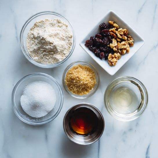 Six small glass and white containers with different ingredients are arranged on a white marbled surface. On the top left, there is a clear glass bowl filled with light beige flour. To the right of it, a white square bowl contains a mix of dark red dried berries and golden brown walnut halves. Next to that, a small clear glass bowl holds light brown granules. Below the bowl of flour, a clear glass bowl is filled with white granulated sugar. In the center bottom, there is a small metal bowl with a dark amber liquid inside. To its right, another clear glass bowl contains a translucent liquid, likely water. All containers are neatly spaced in a grid-like pattern. photo taken with an iphone --ar 4:5 --v 7