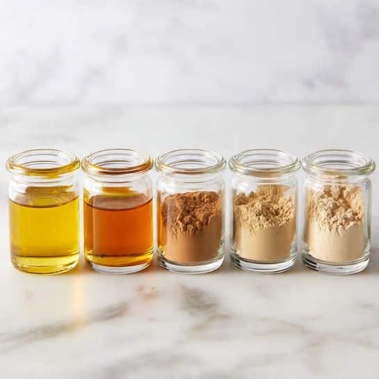 The image shows five small clear glass containers lined up on a white marbled surface. From left to right, the first container holds golden yellow oil with a smooth shiny surface. The second has a thick smooth sauce or paste in orange-brown color. The next two containers are filled with light brown powders of similar texture but slightly different shades. The last container contains a pale beige powder, finer in texture than the others. The background is white marbled, creating a clean and bright setting. photo taken with an iphone --ar 4:5 --v 7
