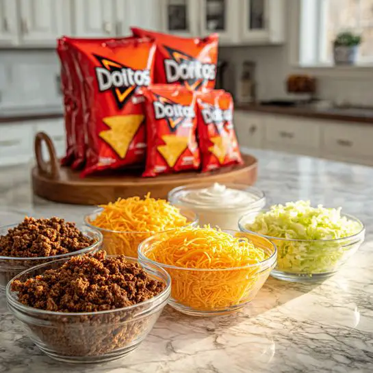 The image shows five small clear glass bowls arranged in a row on a white marbled countertop. From left to right, the first bowl is filled with seasoned cooked ground beef, dark brown and crumbly in texture. The second bowl contains bright orange shredded cheddar cheese, soft and fluffy looking. The third bowl is filled with smooth white sour cream, creamy and thick in texture. The fourth bowl holds light green shredded lettuce, fresh and crisp. Behind the bowls, there is a round wooden stand with metal handles holding several red bags of Doritos Nacho Cheese chips, stacked upright. Light comes from the left, casting a soft shadow on the counter. The background shows white kitchen cabinets. Photo taken with an iphone --ar 4:5 --v 7