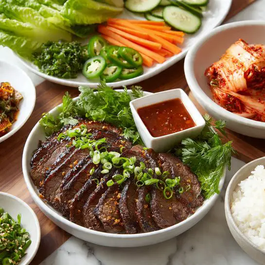 A white bowl filled with many layers of grilled, dark brown meat slices with slightly charred edges, sprinkled with thinly sliced green onions on top, sits front center. Behind it, a white plate holds fresh green lettuce leaves arranged in a semi-circle, with thin orange carrot sticks, light green cucumber sticks, sliced dark green jalapeño rings with white seeds, sliced white garlic cloves, and chopped light green scallions placed in sections around a small square white bowl filled with rich red chili sauce. To the right, a white bowl filled with fluffy white rice sits next to another white bowl containing red and white layers of kimchi garnished with small green onion pieces. The dishes are set on a wooden table with a white marbled textured background. photo taken with an iphone --ar 4:5 --v 7