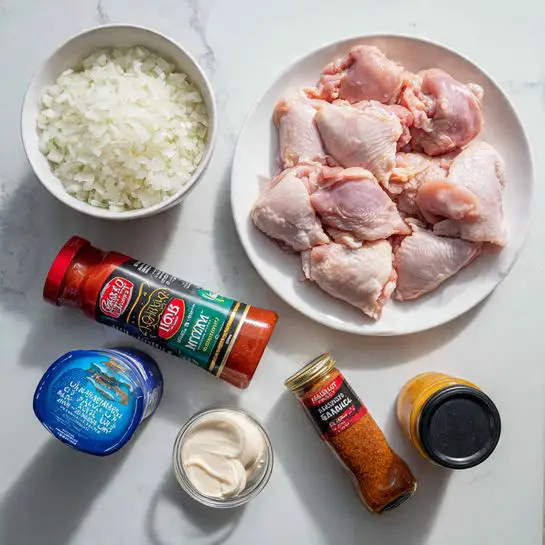 The image shows raw chicken pieces placed on a white plate at the top right, pale pink and glossy in texture. To the left of this plate, there is a white bowl filled with finely chopped onions, white and slightly translucent. Above the chicken and onions are two tubes and containers; a black and red tube labeled tomato purée on the left, and a small spice container labeled garam masala on the right. Below, there are five more items arranged neatly: a small dark jar of tikka curry paste on the far left, a blue and silver can of chopped tomatoes next to it, a green and black tube labeled garlic purée, a round light blue container of lighter crème fraîche above that, and a glass jar of premium mango chutney with a black lid on the far right. All items are placed on a smooth white marbled surface. Photo taken with an iphone --ar 4:5 --v 7