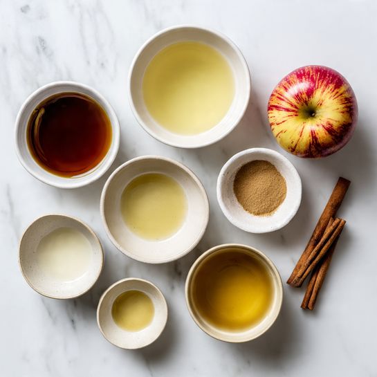 The image shows seven white bowls of different sizes arranged on a white marbled surface. Starting from the top left, there is a medium bowl with a dark brown liquid. Above it and slightly to the right is a small bowl with a pale yellow liquid. To the far right is a red apple with yellow streaks and two cinnamon sticks next to it. Below the apple is a small bowl with a light brown powder. Below the powder is a wider shallow bowl with a golden liquid. Below that is a very small empty bowl. To the left of this is a small bowl with a clear liquid. In the center is a larger empty bowl. All the bowls and the apple are placed in a somewhat circular pattern. Photo taken with an iphone --ar 4:5 --v 7