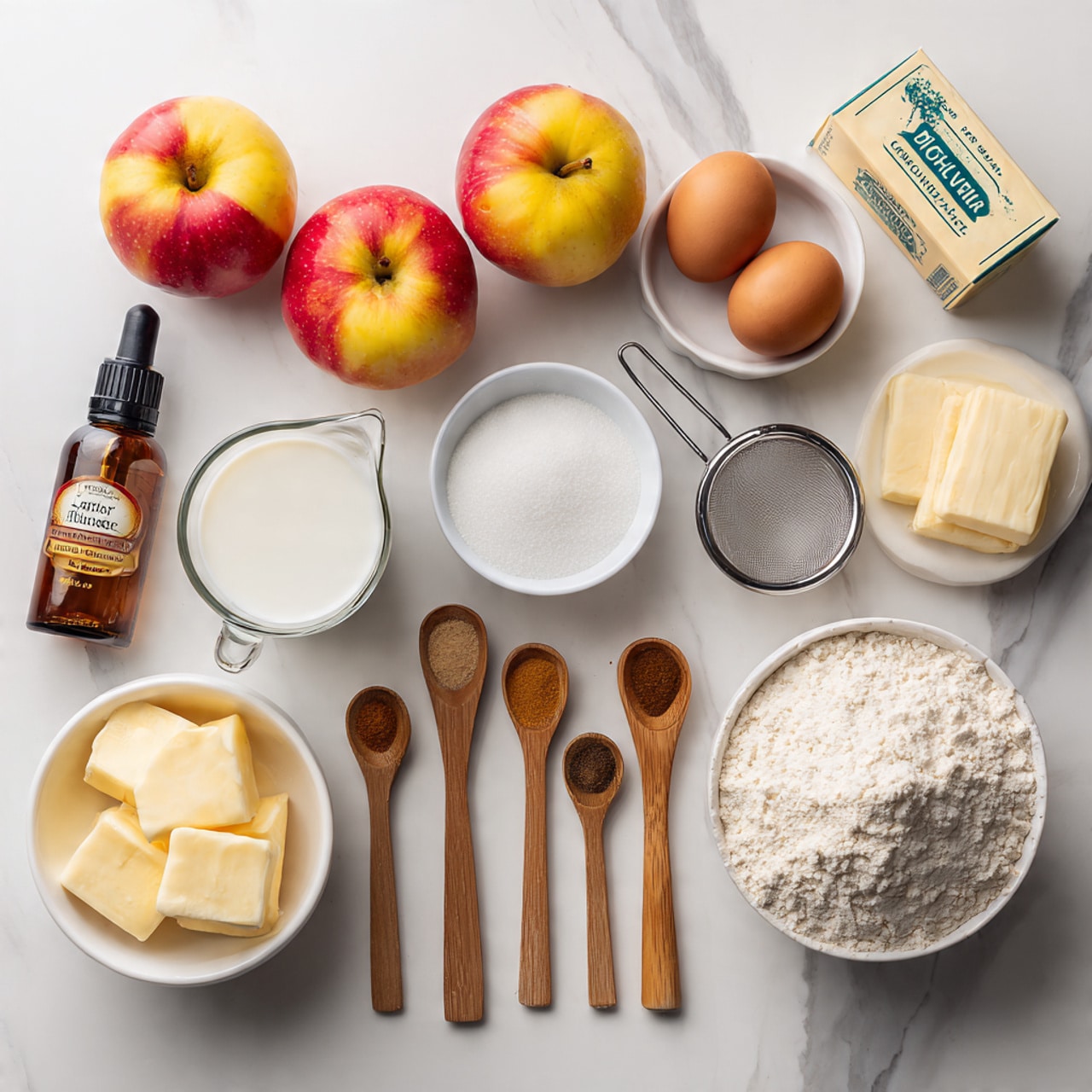 The image shows a white wooden table with ingredients neatly arranged for baking. In the front, there is a white bowl filled with flour, and to its left, a white bowl with two brown eggs. Above the flour bowl, three red and yellow apples are placed directly on the table. To the right of the apples, there is a glass measuring cup containing a white powdery substance, likely sugar. Next to it is a small white bowl filled with more white powder, possibly salt. In the center, there is a bottle of vanilla extract, and to its right, a rectangular box of butter. Two wooden spoons, one larger and one smaller, along with a metal whisk are placed next to the butter. The whole scene is set on a white marbled surface. photo taken with an iphone --ar 4:5 --v 7