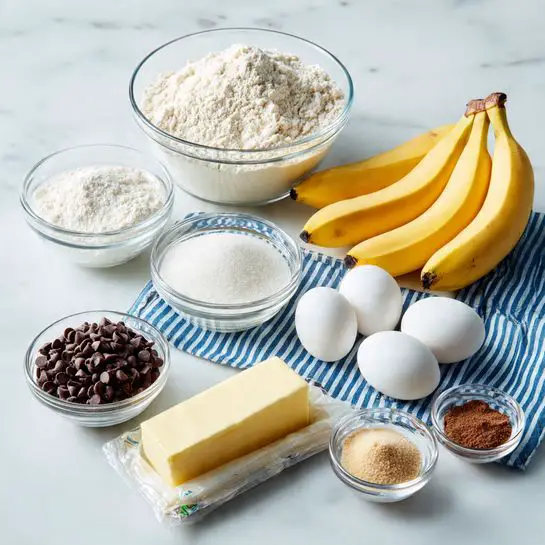 The image shows several baking ingredients arranged neatly on a white marbled surface. There is a large clear glass bowl filled with flour at the back left and a smaller empty clear glass bowl just behind and to the right of it. In front of the flour bowl, to the left side, there is a small clear bowl with chocolate chips. Next to the chocolate chips, towards the center, there is a small clear bowl filled with white granulated sugar, and near it, two white eggs are placed side by side. To the right of the eggs, there are three bright yellow bananas, resting on a folded blue and white striped cloth. In front of the bananas and slightly to the right, there is a small clear bowl with white liquid, likely milk. A stick of butter, still wrapped in its paper wrapper, is placed in the front center. Near the sugar bowl, there are two small clear bowls containing brown and white powders, which are likely spices or baking soda. The overall color palette is soft with yellows, whites, and light browns, and the setting is clean and simple. Photo taken with an iphone --ar 4:5 --v 7