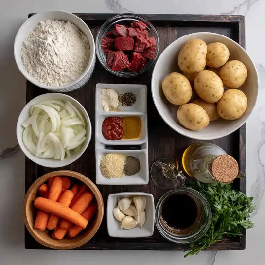 Beef and Guinness Stew Recipe 3 A dark metal tray holds several bowls and ingredients arranged neatly on a wooden surface with a white marbled texture. At the top right, a large white bowl contains six whole potatoes, round and light brown. To its left, a small white bowl filled with white flour sits next to another white bowl holding a mixture of spices in different colors: beige, black, white, and green. Above this, a clear glass bowl with chunks of red meat is placed. Below the potatoes, there is a wooden bowl filled with sliced white onions, and to its left, a white bowl is full of bright orange baby carrots. In the bottom center, small white dishes contain peeled garlic cloves and a small amount of red paste, possibly tomato or pepper paste. Next to them, two clear glass measuring cups contain a dark liquid and a brown broth. A glass bottle with a cork holds a light brown liquid, probably oil. Fresh green parsley is laid in the background, adding a touch of color. photo taken with an iphone --ar 4:5 --v 7