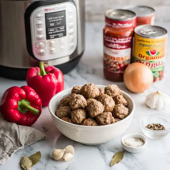 The image shows a white bowl full of light brown meatballs placed in the center. To the left of the bowl, there is a bright red bell pepper and a can of organic tomato sauce with a white and red label. Behind the bowl, a silver slow cooker with warning text is visible. To the right of the bowl, a golden brown onion sits next to a can of organic crushed and diced tomatoes with colorful labeling. In front of the bowl, on the white marbled surface, there is a small white cup containing salt, a small clear bowl with spices and bay leaves, and a few cloves of garlic. The background and surface are white marbled. photo taken with an iphone --ar 4:5 --v 7