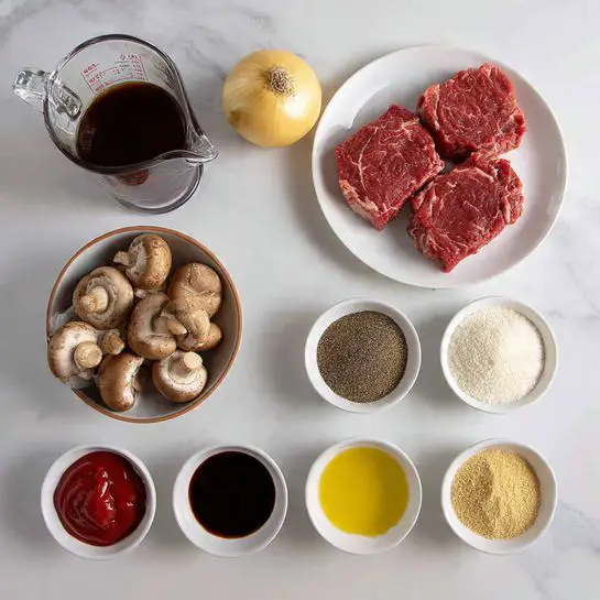 The image shows several cooking ingredients neatly placed on a white marbled surface. In the top left corner, there is a clear glass measuring jug filled with a dark brown liquid. To the right of the jug, there is a whole yellow onion sitting alone. Further right, there is a white plate holding two raw red steaks with white fat edges. Below the jug, a small white bowl with a brown rim holds several brown mushrooms. Next to it on the right, a similar bowl contains three small piles of different spices in dark brown, black, and light brown colors. To the right of that, two small white bowls contain light brown breadcrumb-like powder and white flour respectively. Along the bottom row, from left to right, there are four small white bowls holding minced garlic, bright red ketchup, a dark brown sauce, and light yellow oil. The setting is clean and orderly, emphasizing each ingredient's texture and color clearly. Photo taken with an iphone --ar 4:5 --v 7