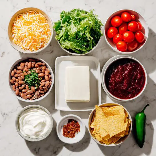 The image shows a white marbled surface with eight white bowls and one white plate arranged neatly. The top left bowl is filled with shredded orange cheese, next to it on the right is a bowl of green leafy lettuce. To the right of the lettuce is a bowl of small red cherry tomatoes. Below the cheese bowl, there is a bowl with brown cooked beans mixed with a few green herbs. To the right of this is a bowl of deep red salsa, and next to that is a bowl of white sour cream. Below the bean bowl is a white plate with a rectangular block of white cheese. To the right of the cheese block is a bowl filled with yellow corn tortilla chips. Below this, at the bottom center of the image, there is a small bowl with a reddish-brown spice mix. A whole green jalapeño pepper lies across the bottom right corner. The items are arranged in a neat grid on the white marbled surface, creating a colorful, fresh, and clean visual. photo taken with an iphone --ar 4:5 --v 7
