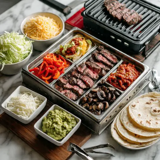 A large metal tray holds three sections: the left side has many pieces of sliced, grilled steak showing a pink center with dark grill marks, the middle section is filled with bright orange and red cooked bell pepper strips, and the right side contains dark brown cooked mushrooms. Surrounding the tray on a wooden table are several white dishes: in the bottom left is a bowl with shredded green lettuce, above it a bowl with shredded yellow and white cheese, next to it a square dish with white sour cream and a spoon, and in front a square dish with chunky green guacamole and a spoon. To the right of the tray is a stack of soft flour tortillas on a white plate, with metal tongs placed nearby. Behind the tray is a small electric grill with a steak cooking on the grill, all placed on a white marbled surface. photo taken with an iphone --ar 4:5 --v 7