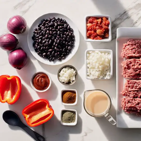 The image shows a white marbled surface with various ingredients arranged neatly. There are two bright red bell peppers, each cut in half and placed near the bottom left corner. Above them, there is a white plate holding two whole purple onions and some minced garlic. Around the plate, there are several cans: one of black beans, one of pinto beans, one of light red kidney beans, one of diced tomatoes, and one small can of tomato paste. A small dish near the center contains four different powdered spices—brown, dark green, light brown, and red. To the right, there is a clear measuring cup filled with a light beige liquid. At the far right, a white tray holds fresh ground beef and a separate white package contains strips of uncooked bacon. Near the center left, a black measuring spoon lies flat on the surface. The entire setup is well-lit and clean, with the colors of the ingredients contrasting neatly against the white marbled background. Photo taken with an iphone --ar 4:5 --v 7