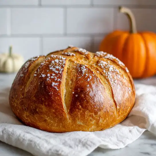A round loaf of bread with a golden brown crust and a light dusting of white flour on top sits on a soft white cloth. The bread has several deep cuts on the top, creating petal-like sections around the loaf. The background features a white marbled surface and white subway tile walls, and a small orange pumpkin is placed to the right of the bread. Photo taken with an iphone --ar 4:5 --v 7