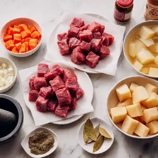 The image shows two large white plates with raw cubed red meat, each piece having a slightly different size and texture, placed on paper towels. Behind these are three small white bowls filled with diced onions, orange chopped carrots, and pale cream-colored root vegetables, all neatly arranged. To the right, there is a larger white bowl containing peeled and quartered pieces of pale yellow vegetable submerged in water, and next to it, a stack of light beige root vegetable chunks. In the lower right corner, there is a small white bowl with dried bay leaves, a small white dish with ground green herbs, a dark glass bottle with a red label, a jar with a dark brown meat sauce, and a black stone mortar and pestle. The surface is a white marbled texture photo taken with an iphone --ar 4:5 --v 7