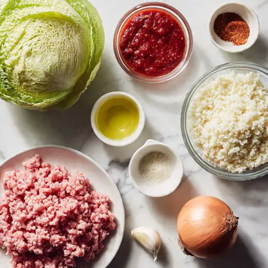 The image shows different ingredients arranged neatly on a white marbled surface. At the bottom left, there is a white plate holding pink ground meat. Above it to the left is a green cabbage, while to the right of the cabbage is a glass bowl filled with white cauliflower rice. Nearby are small white bowls with red tomato sauce, clear oil, and a small reddish-brown spice. A whole brown onion sits to the top right, and a small piece of garlic is placed at the bottom left of the image. Each item is clearly visible with natural lighting. Photo taken with an iphone --ar 4:5 --v 7