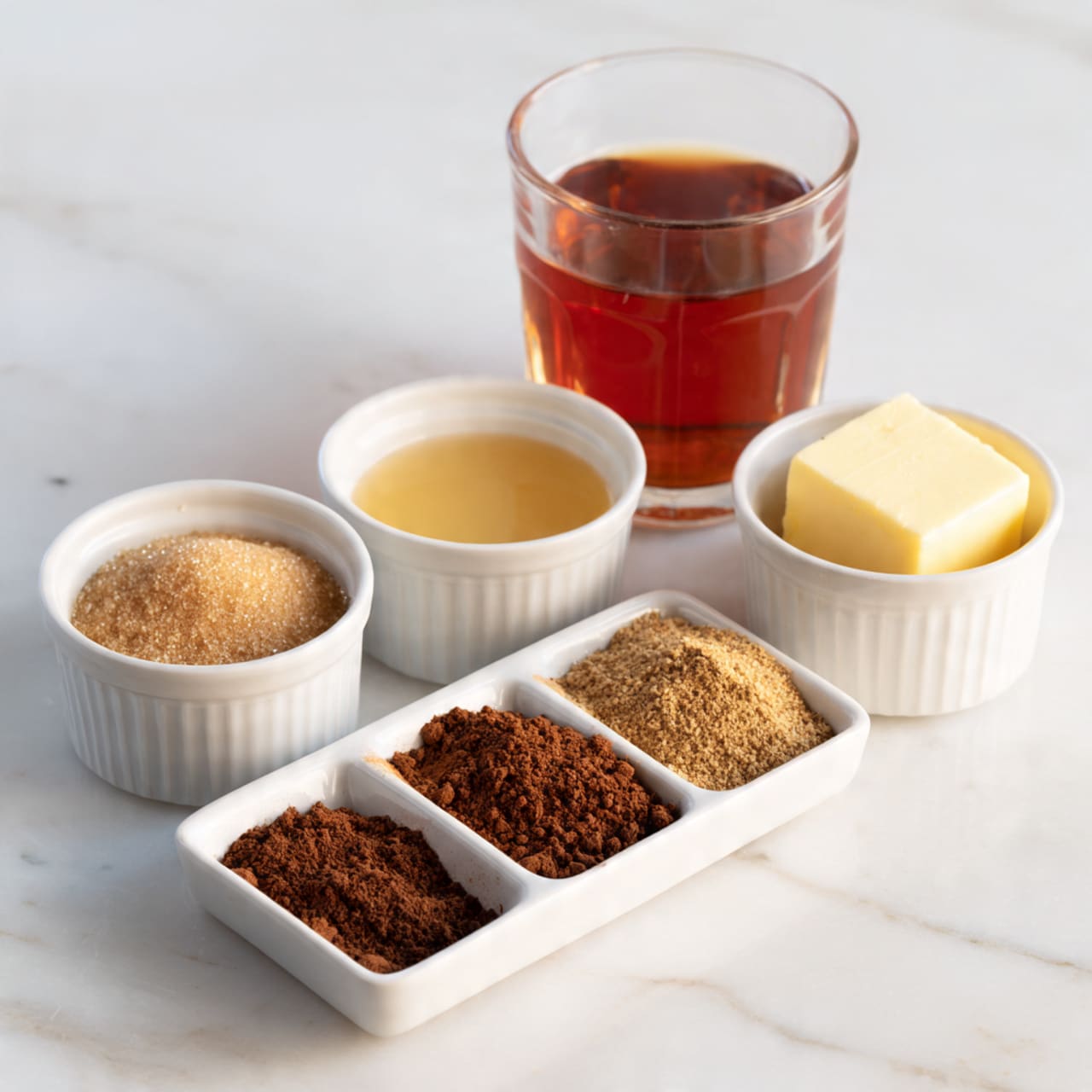 The image shows six white dishes arranged on a white marbled surface. At the front, there is a rectangular dish divided into three sections holding different ground spices: dark brown on the left, medium brown in the middle, and light brown on the right. Behind this dish, there are three small round white bowls. The left bowl contains light brown sugar, the middle bowl has a light golden liquid, and the right bowl holds a pale yellow, thin slice of butter. At the back center, there is a clear glass filled with a reddish-brown liquid. The setup is neat and clean, with a bright natural light. Photo taken with an iphone --ar 4:5 --v 7